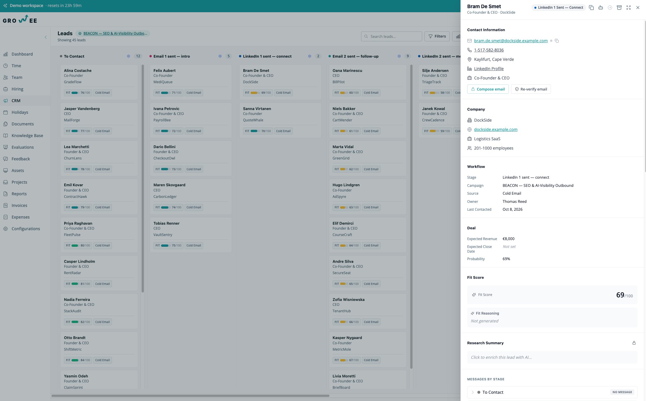 The Growee CRM: leads on a board by outreach stage, with the lead drawer open on the right showing workflow, deal, fit score and messages by stage