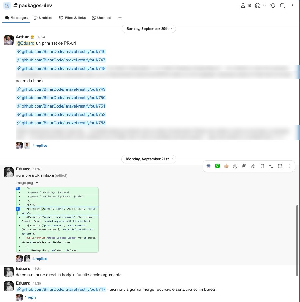Our packages channel in Slack: a batch of Restify pull requests and the review around them