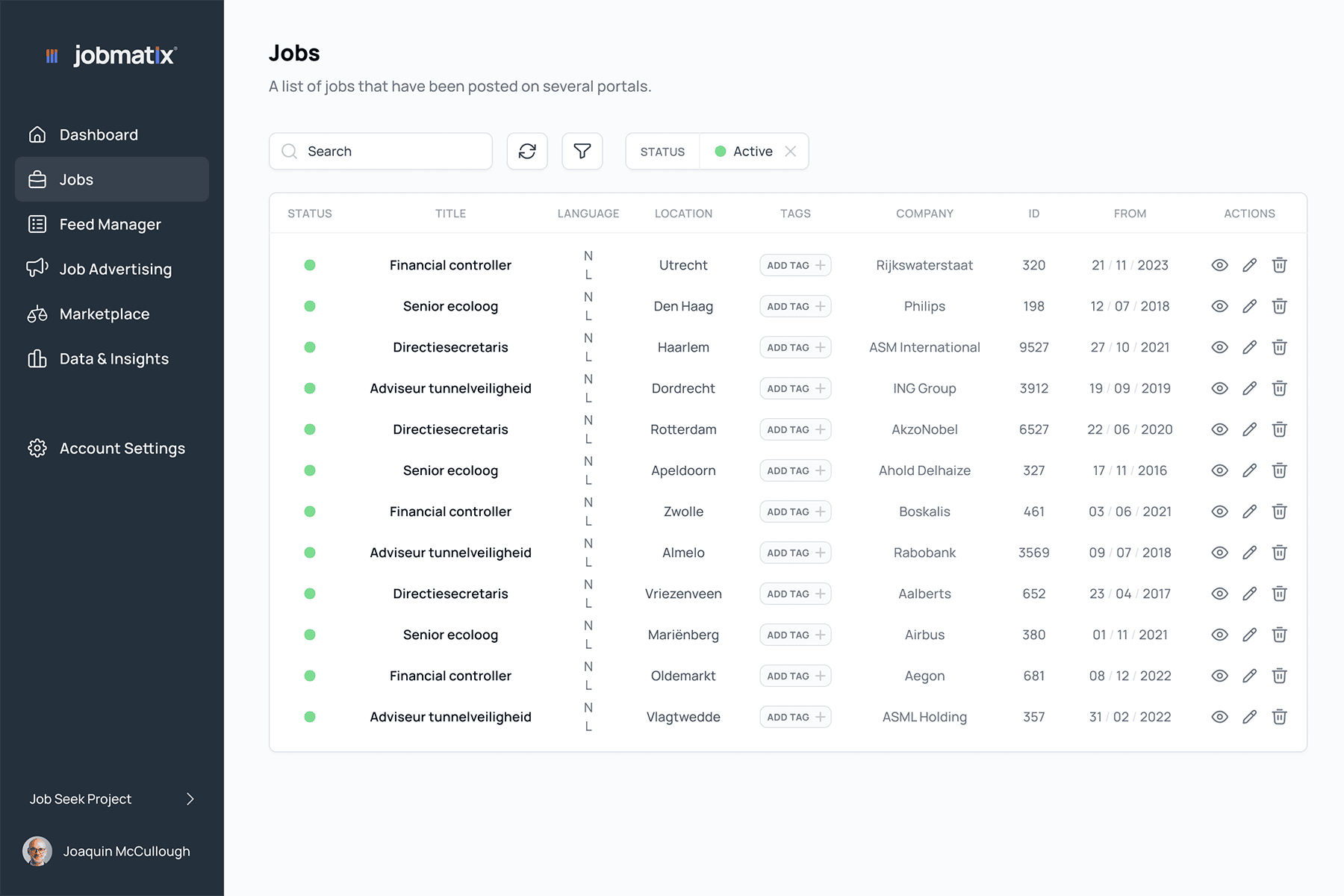 Jobs overview screen in the new Jobmatix platform