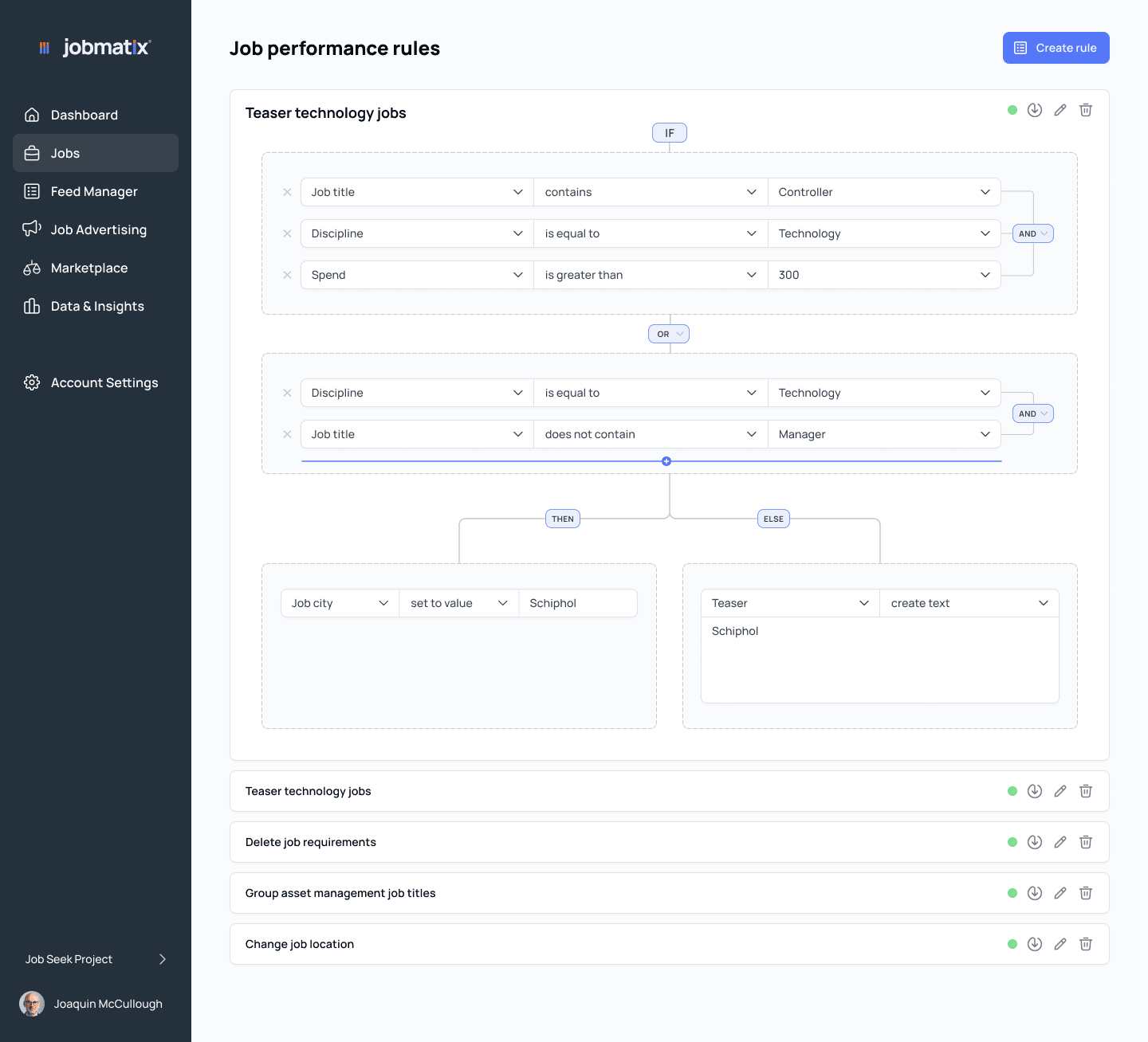 Jobs performance rules screen with filtering and conditions