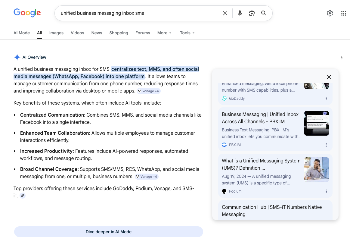 Google AI Overview citing PBX.IM for 'unified business messaging inbox sms'
