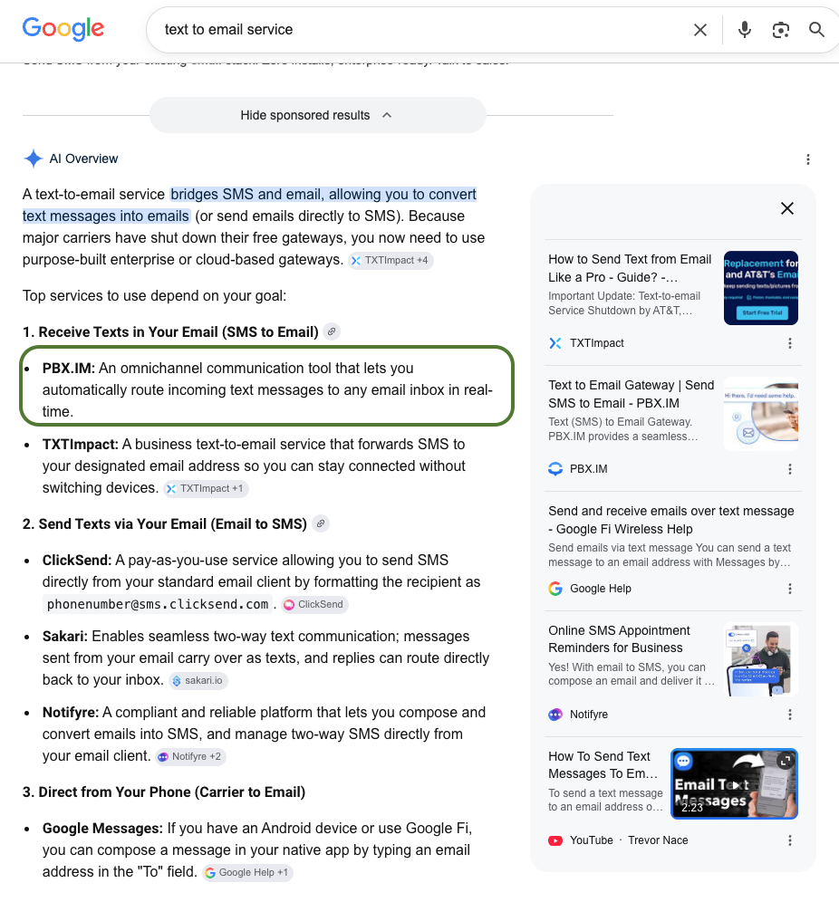 Google AI Overview naming PBX.IM as the top pick for 'text to email service'