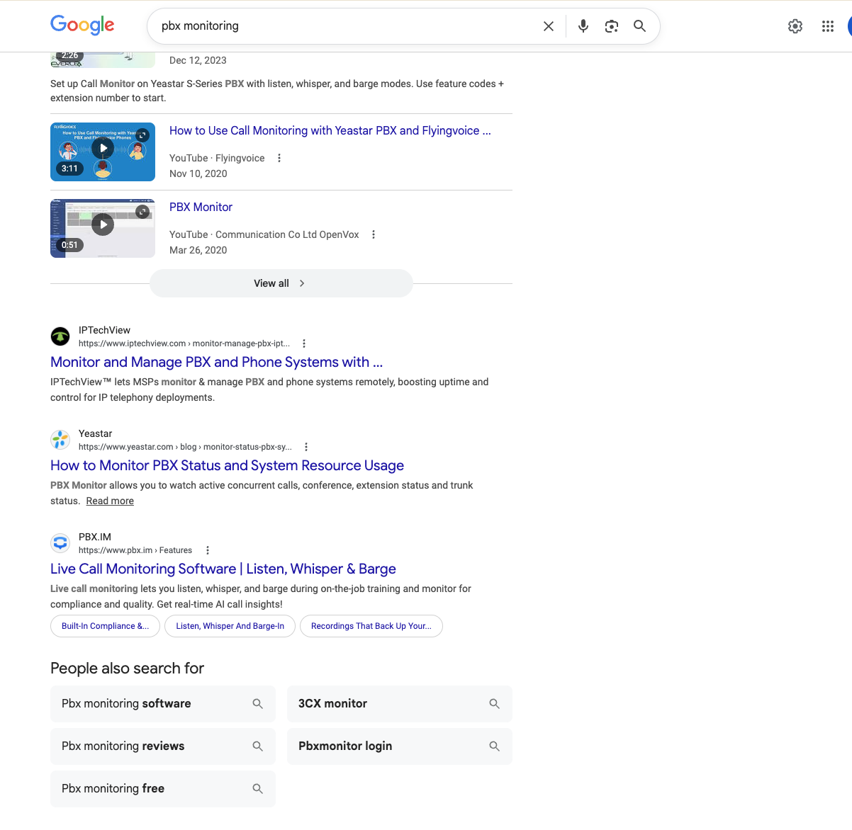 PBX.IM ranking on page one of Google for 'pbx monitoring'
