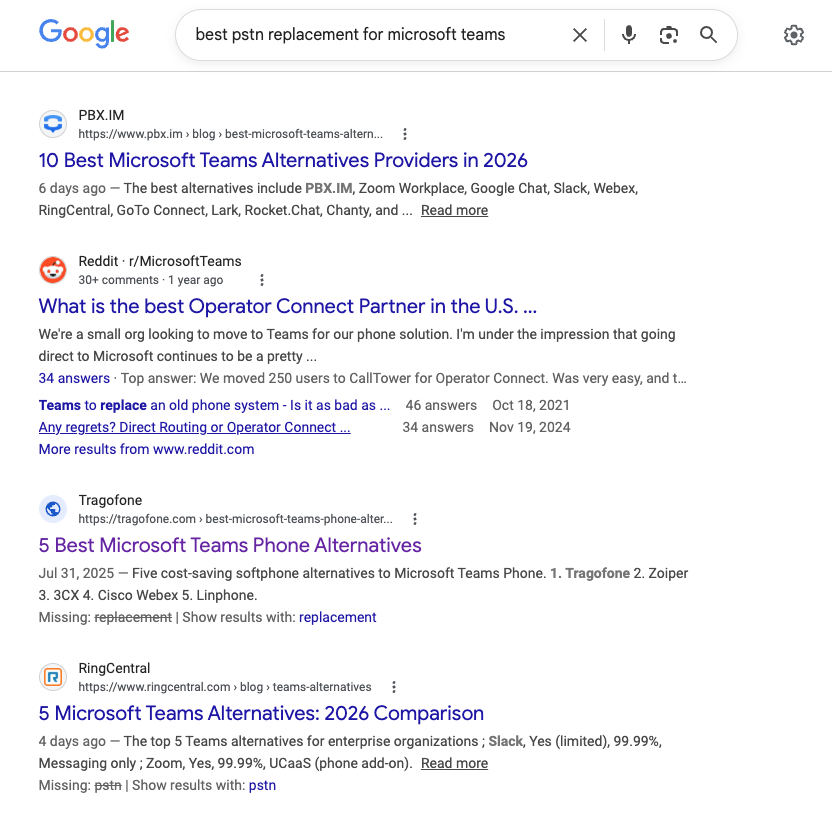 PBX.IM ranking first on Google for 'best pstn replacement for microsoft teams'
